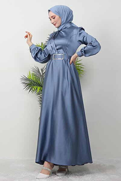 GİZ AGİYİM Γκρι Μπλε Χιτζάμπ Βραδινό Φόρεμα - Πλισέ Μπροστά