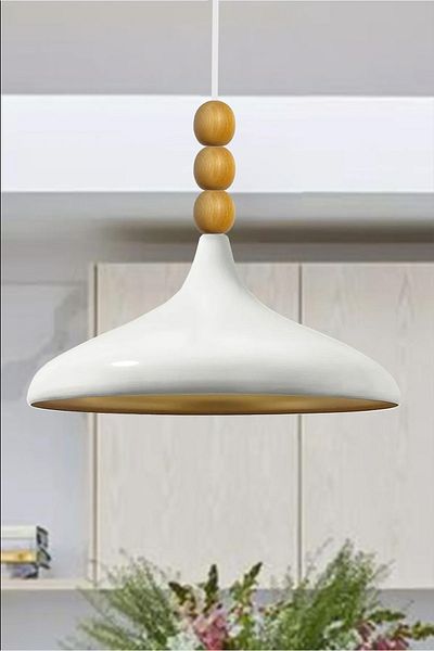 Bamyum Champion Holz 35 cm Hängelampe Metall E27 Weiß