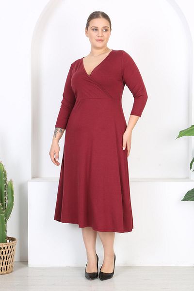 Mooi XXL Women's Burgundy Long Sleeve Double Breasted Neckline Plus Size Maxi Dress