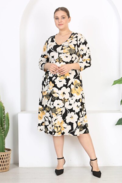 Mooi XXL Γυναικείο μαύρο κίτρινο λουλουδάτο μοτίβο V λαιμόκοψη μανίκι τριών τ...