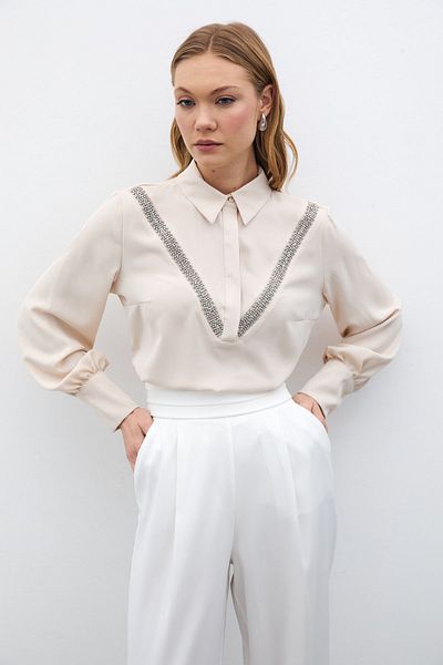 Sateen Beige Stripe Accessory Blouse