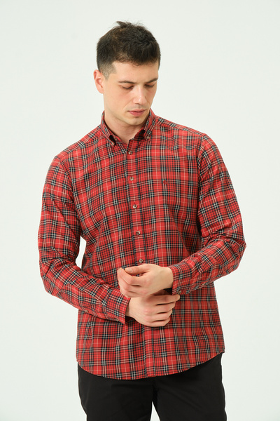 PSY Erkek Kırmızı Ekose Regular Fit Düğmeli Yaka Uzun Kol Gömlek