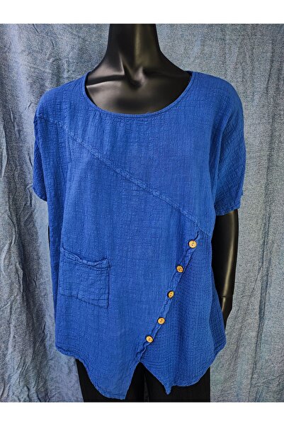 Sosyete Kaplumbağa Cotton Linen Asymmetrical Cut Button Pocket Blouse