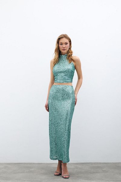 Sateen Zippered Karolin Midi Skirt - Mint