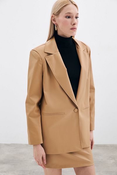 Sateen Beige Loose Leather Jacket