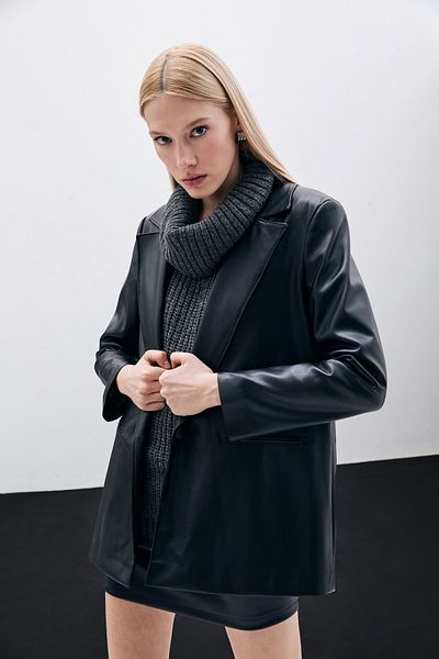Sateen Black Loose Leather Jacket