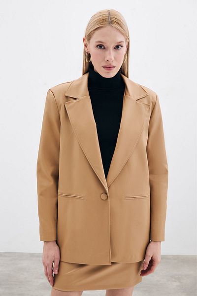 Sateen Beige Loose Leather Jacket