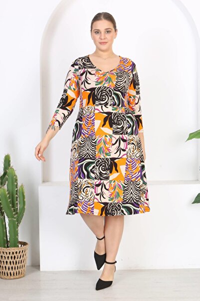 Mooi XXL Kadın Turuncu Mor Patchwork Desen V Yaka Truvakar Kol Büyük Beden Esnek Elbise