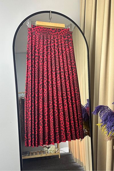 Bestenur Leopard Pattern Pleated Skirt 1344 - Red