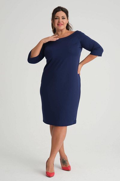 Mooi XXL Rochie de damă, albastru bleumarin, cu guler Carmen, cu mâneci trei sferturi, din crep elastic