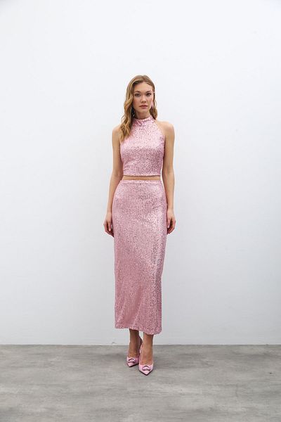 Sateen Zippered Karolin Midi Skirt - Powder