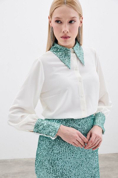 Sateen Cămașă cu paiete - Ecru-Mint