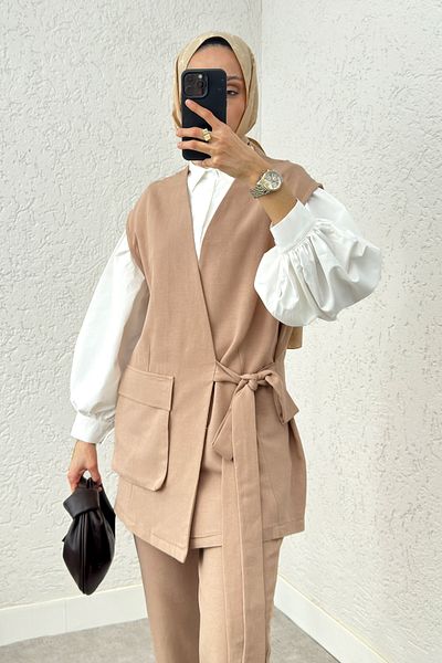 Salih Çelebi Stone Color Belted Vest and Trousers Set - 2243