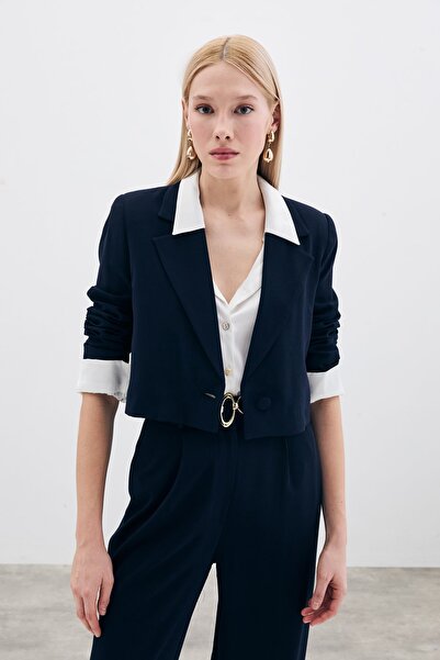 Sateen Kısa Krep Ceket - Lacivert