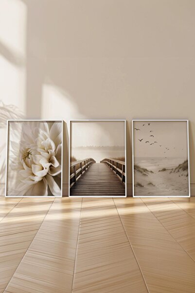 Postifull Beyaz Çerçeveli Tablo Seti, Bej Duvar Tablosu, 3 Adet Poster Seti, No:300693