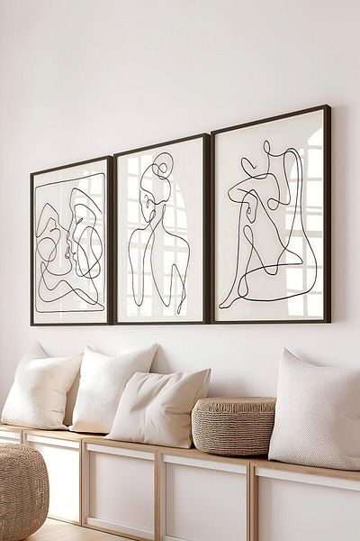 Postifull Set de pictură cu cadru negru, pictură de perete cu figură feminină desenată manual, set de 3 posteri, nr:300776