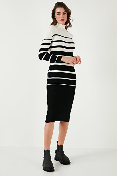 Lela Çizgili Yün Karışımlı Balıkçı Yaka Midi Boy Elbise Elbise 66910251