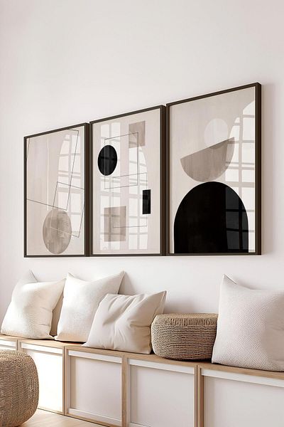 Postifull Black Framed Painting Set, Black Boho Wall Painting, 3 Piece Poster Set, No:300738