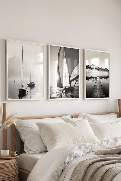 Postifull Set de pictură cu cadru alb, pictură de perete cu barca cu pânze albe, set de 3 posteri, nr:300717