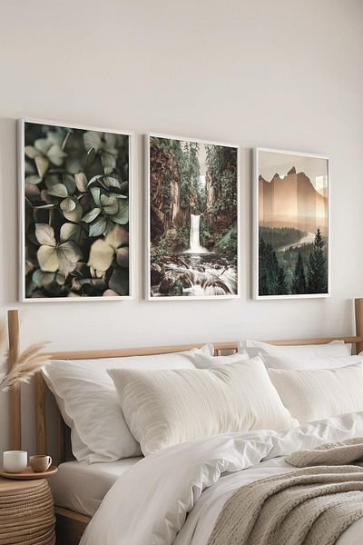 Postifull Set de pictură cu cadru alb, pictură de perete de munte și pădure, set de 3 posteri, nr:300724