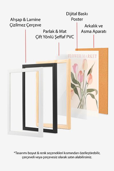 Postifull Black Framed Painting Set, Flowers Wall Painting, 3 Piece Poster Set, No:300778