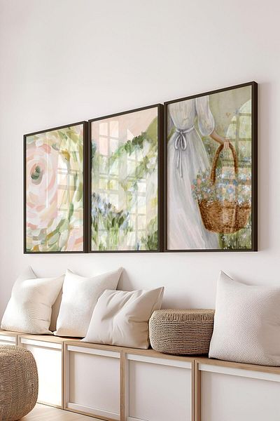 Postifull Black Framed Painting Set, Soft Green Wall Painting, 3 Piece Poster Set, No:300768