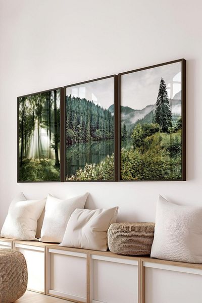 Postifull Set de pictură cu cadru negru, pictură de perete cu fotografii din pădure, set de 3 posteri, nr:300721
