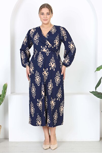 Mooi XXL Women's Navy Blue Beige Motif Pattern Double Breasted Collar Balloon Sleeve Maxi Length Wrinkled Dress