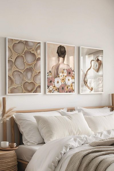 Postifull Set de pictură cu cadru alb, pictură de perete bej moale, set de 3 posteri, nr:300731