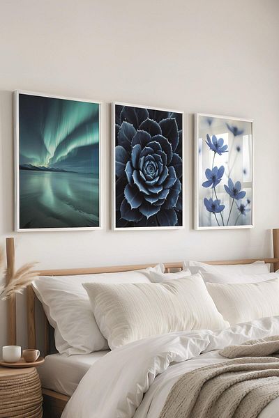 Postifull Set de pictură cu cadru alb, pictură murală foto albastru moale, set de 3 posteri, nr:300712