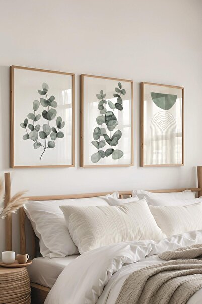 Postifull Ahşap Çerçeveli Tablo Seti, Yeşil Çiçek ve Boho Duvar Tablosu, 3 Adet Poster Seti, No:300747