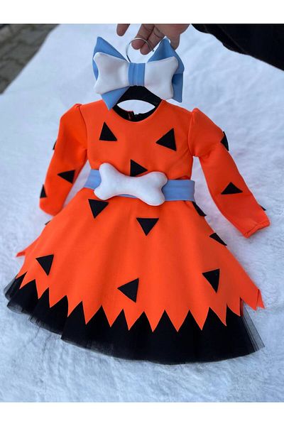 Sare Çocuk Giyim Birthday Orange Stone Age Dress, Long Sleeve Pebble Party Costume