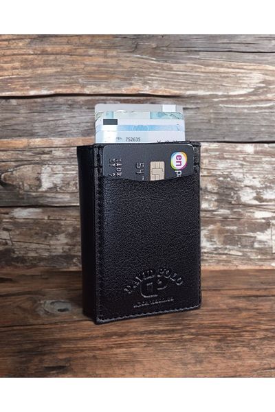 KY Men's Vegan Leather Black Cash Money Compartment Sliding Mechanism Wallet Card Holder