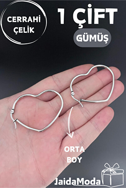 Jaida Moda Silver Heart Model Steel Hoop Earrings