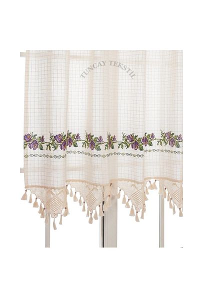 TUNCAY TEKSTİL Buldan Curtain Purple Cross Stitched Hand Lace Linen Sunshade Basement Curtain