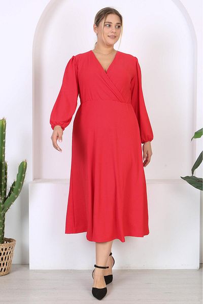 Mooi XXL Women's Red Double Breasted Collar Balloon Sleeve Maxi Length Wrap Dress