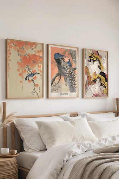 Postifull Ahşap Çerçeveli Tablo Seti, Hokusai Duvar Tablosu, 3 Adet Poster Seti, No:300743