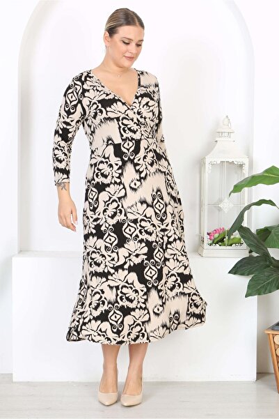 Mooi XXL Γυναικείο μπεζ μαύρο έθνικ στάμπα με μακρυμάνικο διπλό πέτο μάξι φόρεμα