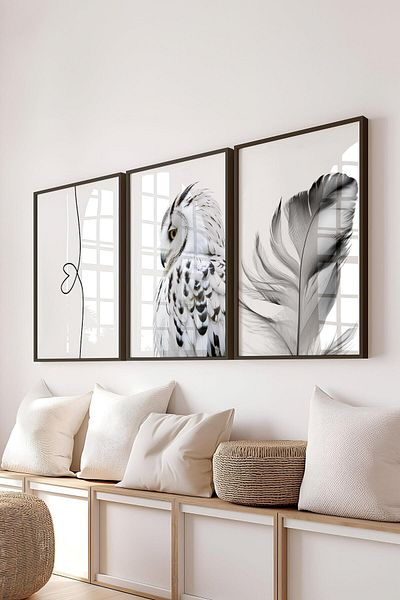 Postifull Set de pictură cu cadru negru, pictură murală estetică alb-negru, set de 3 posteri, nr:300690
