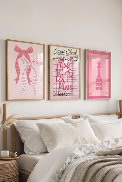 Postifull Ahşap Çerçeveli Tablo Seti, Pembe İllustrasyon Duvar Tablosu, 3 Adet Poster Seti, No:300788