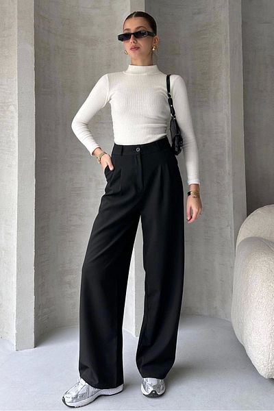 mymoda Volné nohavice černé Palazzo dámské kalhoty - Detailní kalhoty