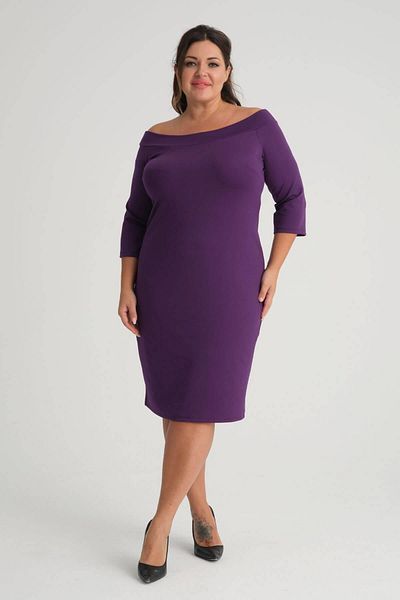 Mooi XXL Women's Purple Carmen Collar Three Quarter Sleeve Plus Size Flexible Crepe Dress