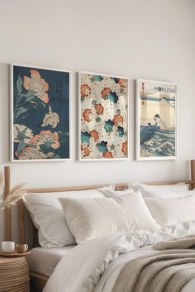 Postifull Set de pictură cu cadru alb, pictură murală Hokusai, set de 3 posteri, nr:300762