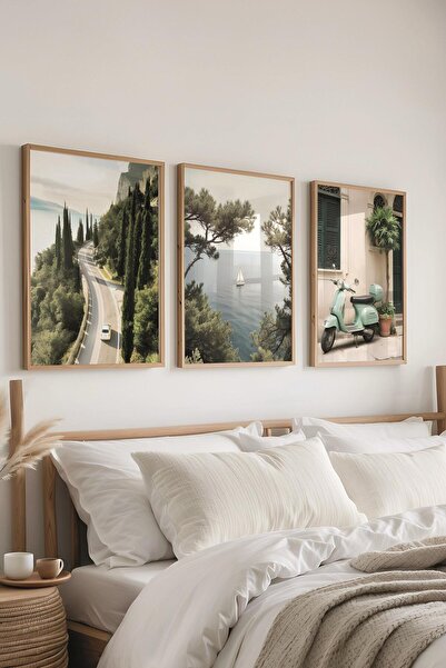 Postifull Ahşap Çerçeveli Tablo Seti, İtalya Gezi Duvar Tablosu, 3 Adet Poster Seti, No:300696