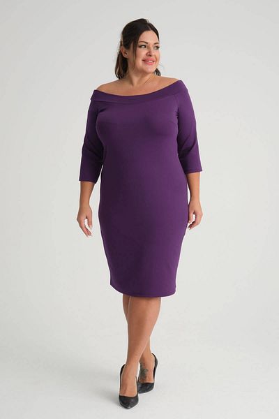 Mooi XXL Women's Purple Carmen Collar Three Quarter Sleeve Plus Size Flexible Crepe Dress