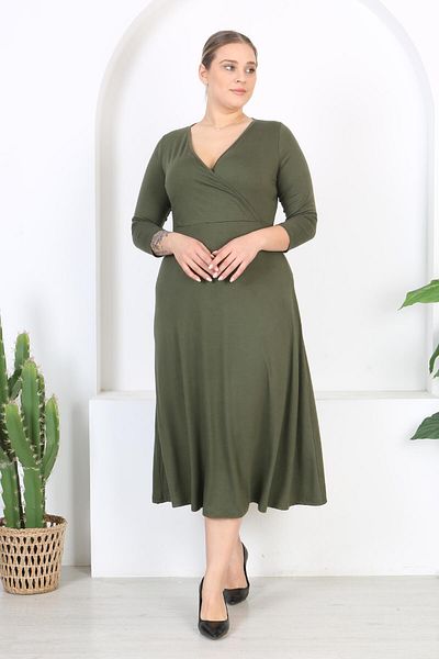 Mooi XXL Rochie maxi de damă, verde kaki, cu mânecă lungă, cu rever dublu