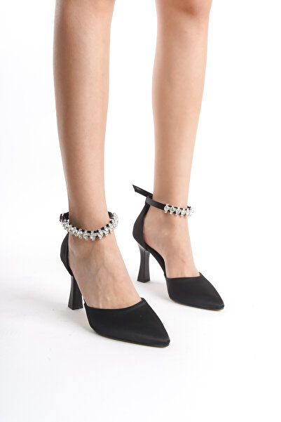 BEB SHOES PANTOFI DE DAMA CU TOC SATINAT NEGRU CU PIETRE LA GLEZNA