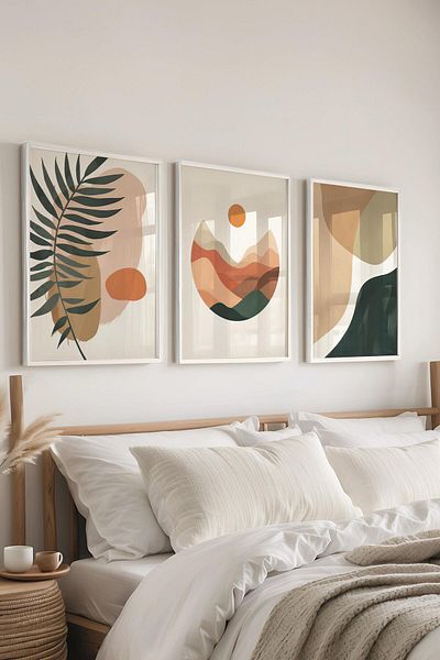 Postifull Set de pictură cu cadru alb, pictură murală cu tematică Boho Soft, set de 3 posteri, nr:300699