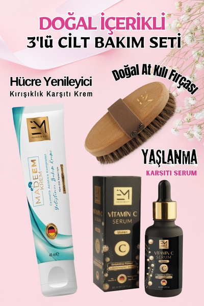 EM AMANOS BEAUTY 3'lü Cilt Bakım Seti - Madeem Krem, Doğal At Kılı Fırçası, V...