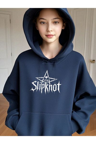 DEEPSENCE Тъмносин дамски суитшърт с качулка Oversize - с принт SLIPKINOT